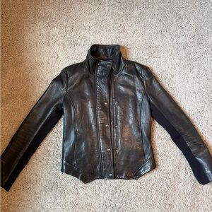 Gap 2000s Black Leather Jacket with Stretch Side Panels